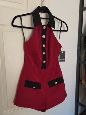 NWT All The Ways Red Halter Romper with Black Trim XS